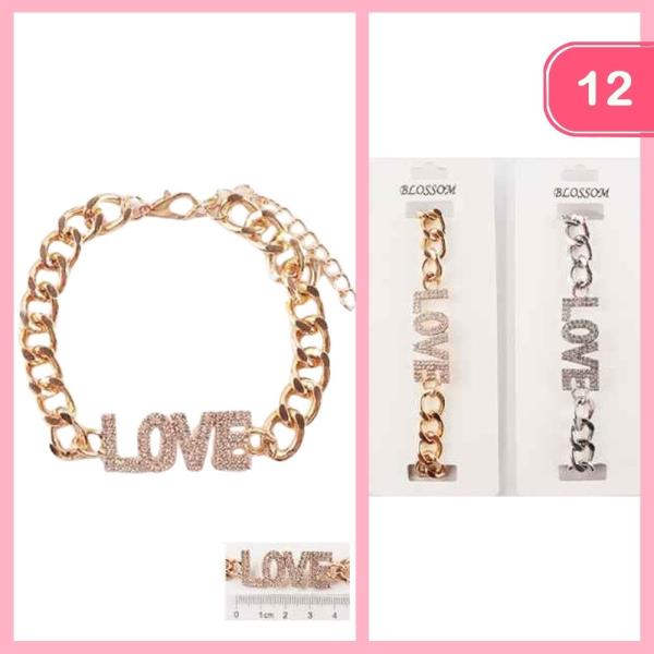 LOVE RHINESTONE CHAIN BRACELET (12 UNITS)