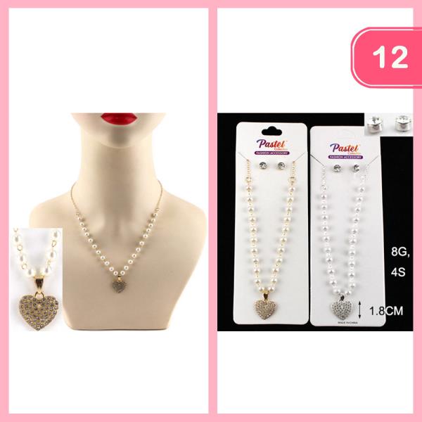 RHINESTONE HEART PENDANT NECKLACE EARRING SET (12 UNITS)
