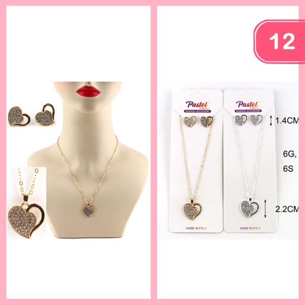 RHINESTONE HEART PENDANT EARRING SET NECKLACE (12 UNITS)