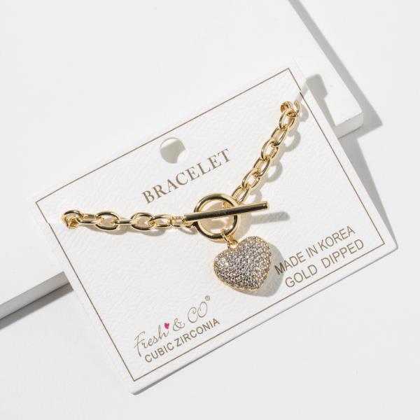 GOLD DIPPED CUBIC ZIRCONIA CHAIN LINK HEART PENDANT TOGGLE BRACELET