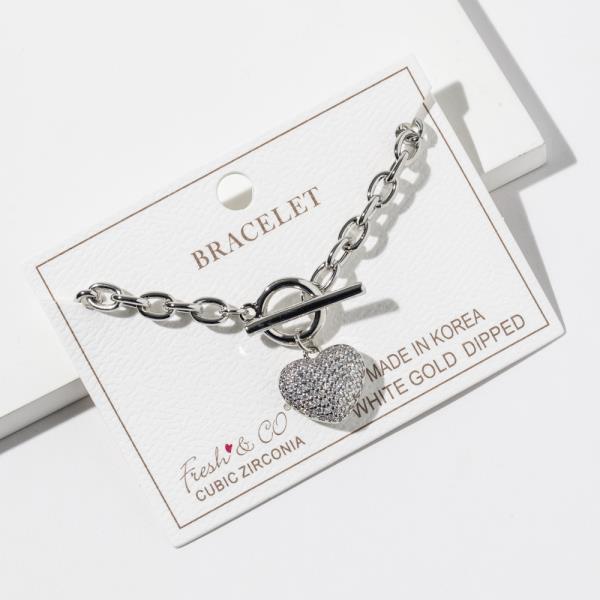 GOLD DIPPED CUBIC ZIRCONIA CHAIN LINK HEART PENDANT TOGGLE BRACELET
