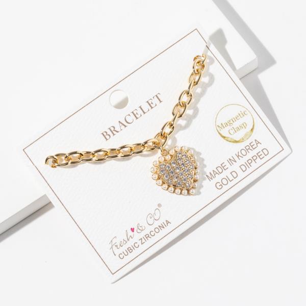 GOLD DIPPED CUBIC ZIRCONIA PEARL CHAIN LINK HEART PENDANT BRACELET