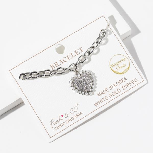 GOLD DIPPED CUBIC ZIRCONIA PEARL CHAIN LINK HEART PENDANT BRACELET