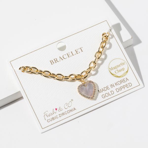 GOLD DIPPED CUBIC ZIRCONIA CHAIN LINK HEART PENDANT BRACELET