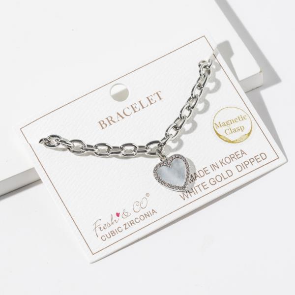 GOLD DIPPED CUBIC ZIRCONIA CHAIN LINK HEART PENDANT BRACELET