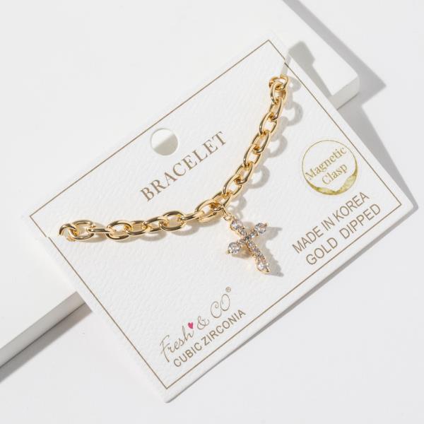 GOLD DIPPED CUBIC ZIRCONIA CHAIN LINK CROSS PENDANT BRACELET