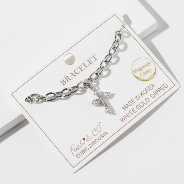 GOLD DIPPED CUBIC ZIRCONIA CHAIN LINK CROSS PENDANT BRACELET