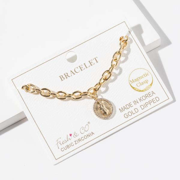 GOLD DIPPED CUBIC ZIRCONIA CHAIN LINK GUADALUPE PENDANT BRACELET