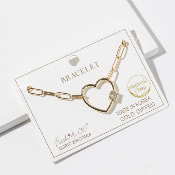 GOLD DIPPED CUBIC ZIRCONIA CHAIN LINK HEART PENDANT BRACELET