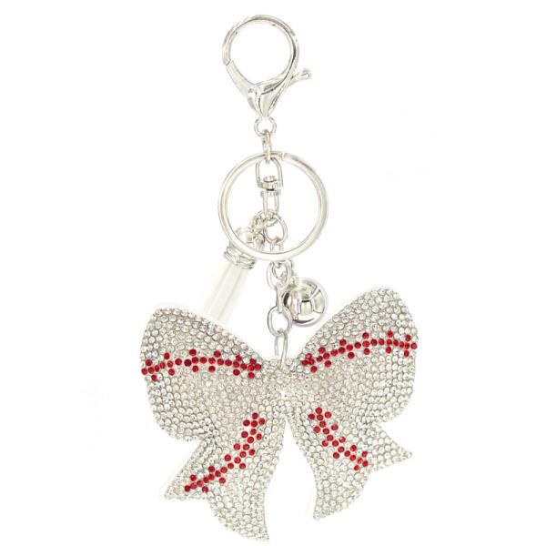RHINESTONE BASEBALL BOW KEYCHAIN WITH TASSEL