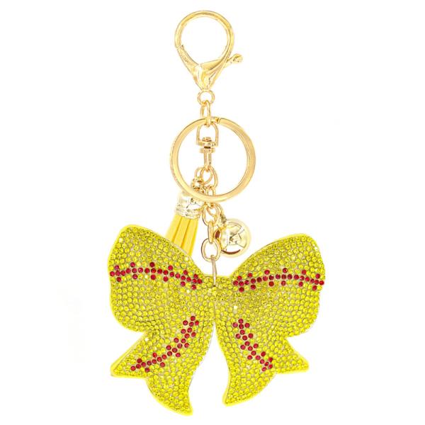 RHINESTONE BASEBALL BOW KEYCHAIN WITH TASSEL