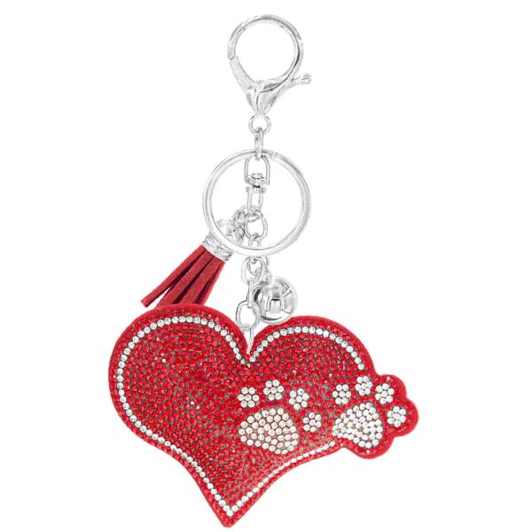 RHINESTONE HEART PAW KEYCHAIN WITH TASSEL