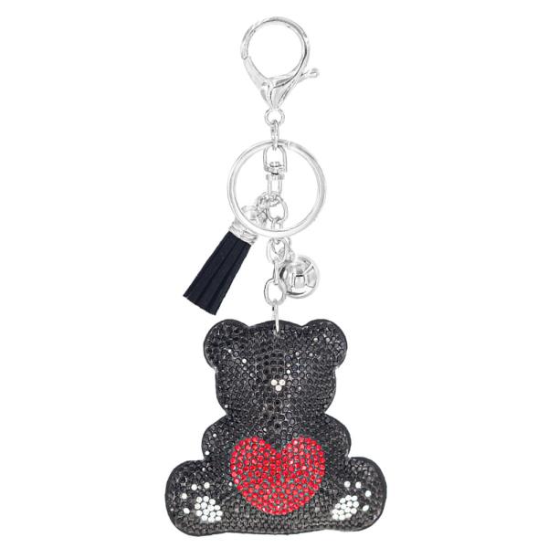 RHINESTONE TEDDY BEAR HEART KEYCHAIN WITH TASSEL