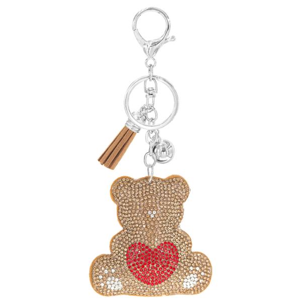 RHINESTONE TEDDY BEAR HEART KEYCHAIN WITH TASSEL