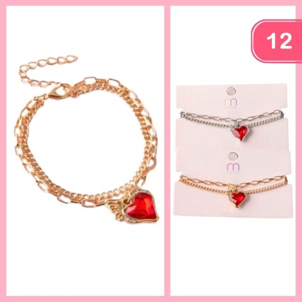 RUBY HEART LAYER CHAIN BRACELET (12 UNITS)