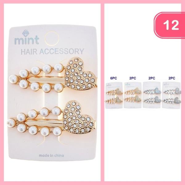 RHINESTONE HEART PEARL HAIR CLIP (12 UNITS)