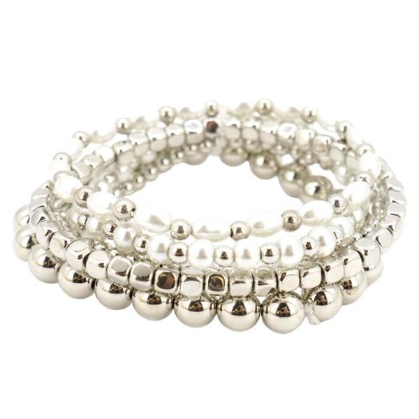MULTI LAYERED ROUND PEARL METAL BEAD BRACELET SET