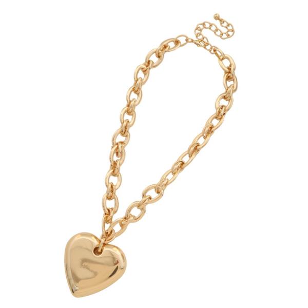 PUFFY HEART PENDANT CIRCLE LINK METAL NECKLACE