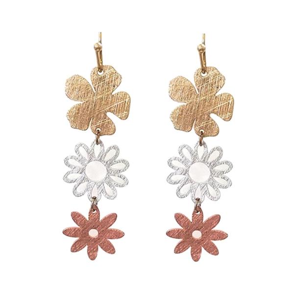 WESTERN TRI TONE METAL FLOWER MULTI DANGLE EARRING