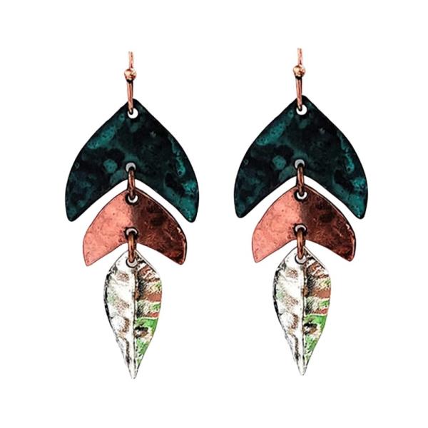 WESTERN TRI TONE METAL LEAF DANGLE EARRING