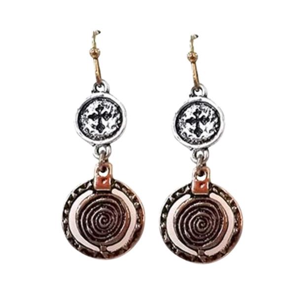 WESTERN TWO TONE METAL CIRCLE SPIRAL DANGLE EARRING