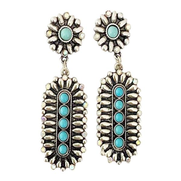 METAL WESTERN TURQUOISE OVAL DANGLE EARRING
