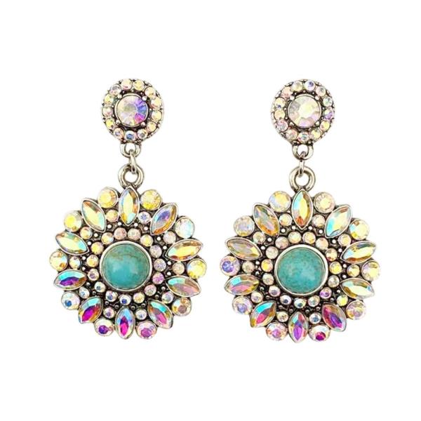 WESTERN METAL FLORAL CRYSTAL DANGLE EARRING