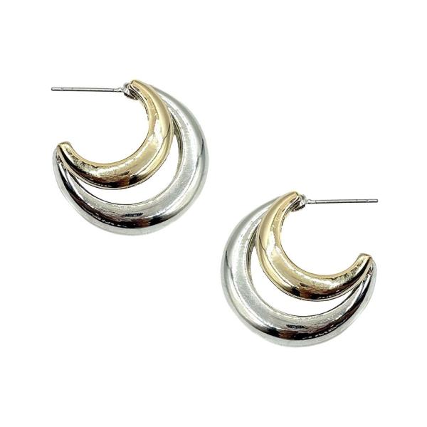 TEXTURED METAL TWO TONE CRESCENT HOOP EARRING