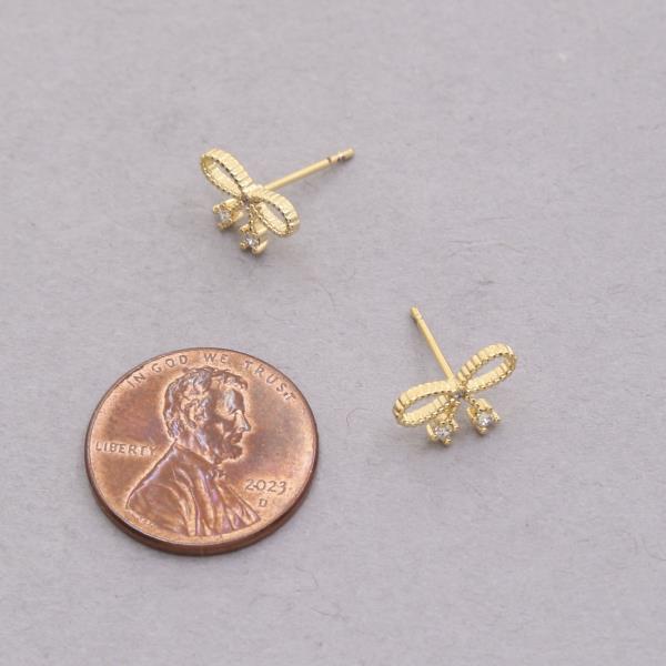 14K GOLD DIPPED RIBBON BOW CZ POST EARRING