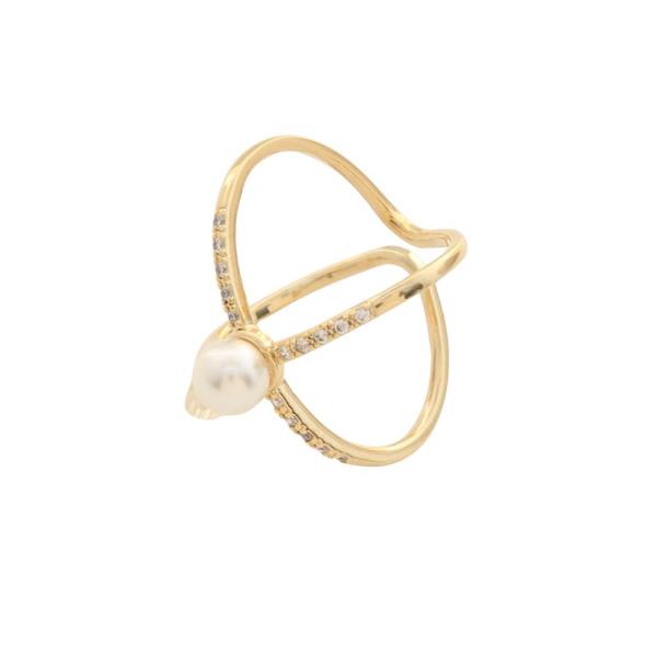 SODAJO PEARL BEAD CZ CRISS CROSS GOLD DIPPED ADJUSTABLE RING