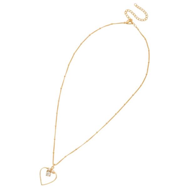 SODAJO CUT OUT HEART CHARM CRYSTAL PEARL BEAD GOLD DIPPED NECKLACE