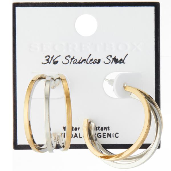 SECRET BOX STAINLESS STEEL 3 LINE TWO TONE EARRING