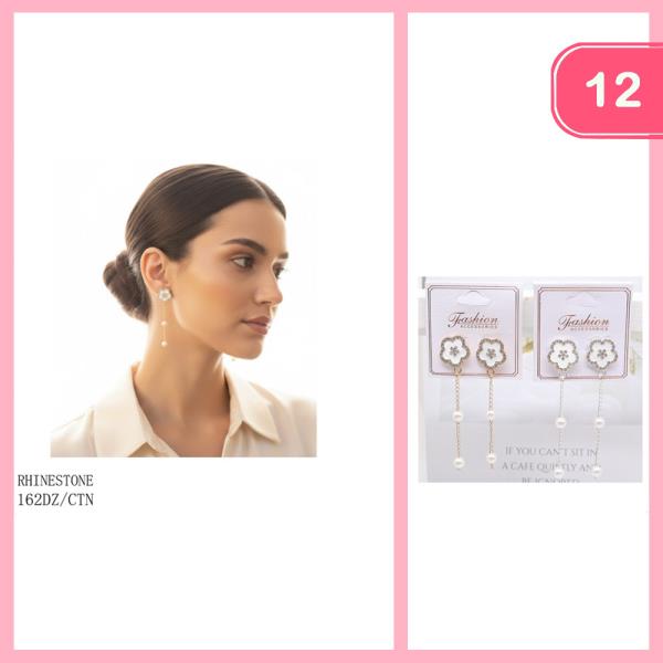 FLOWER PEARL RHINESTONE DANGLE EARRING (12 UNITS)