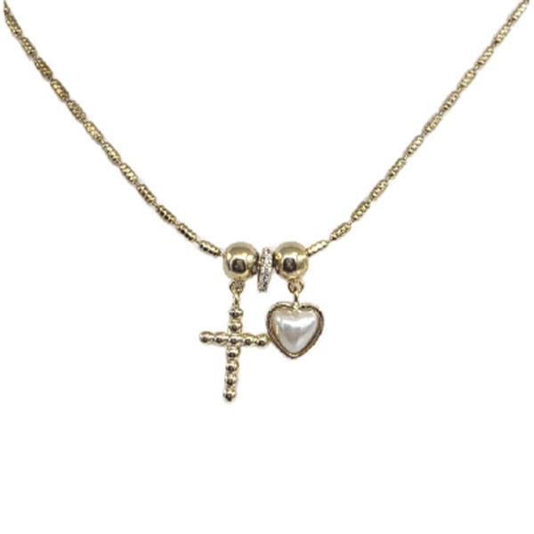 18K BRASS HEART CROSS PAVE ROLL PENT NECKLACE