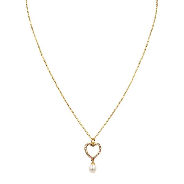 18K BRASS RHINESTONE PEARL HEART PENDANT NECKLACE