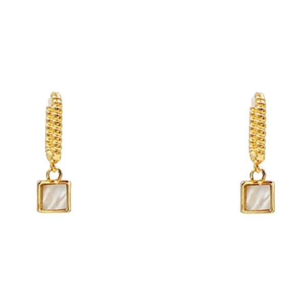 18K BRASS SQUARE PEARL HUGGIE DANGLE EARRING