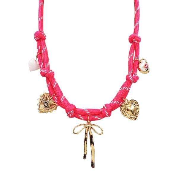 ROPE KNOT RIBBON HEART MULTI CHARM NECKLACE