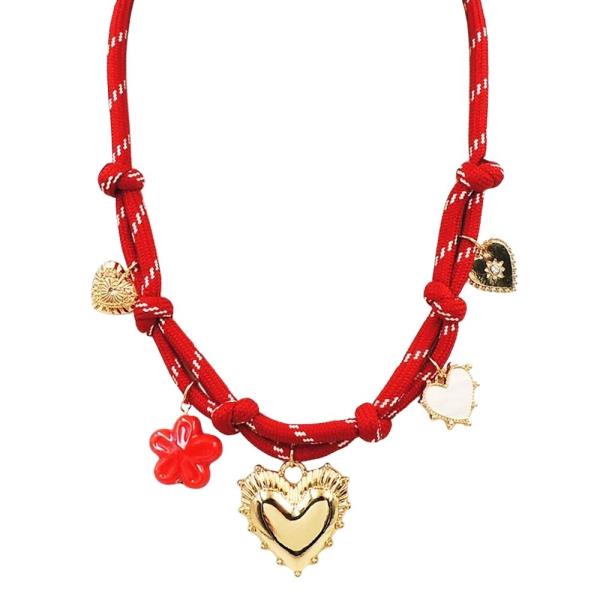 ROPE KNOT HEART  FLOWER MULTI CHARM NECKLACE