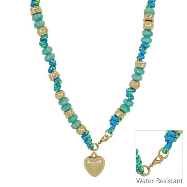 THREAD FLAT BEADED HEART METAL PENDANT NECKLACE