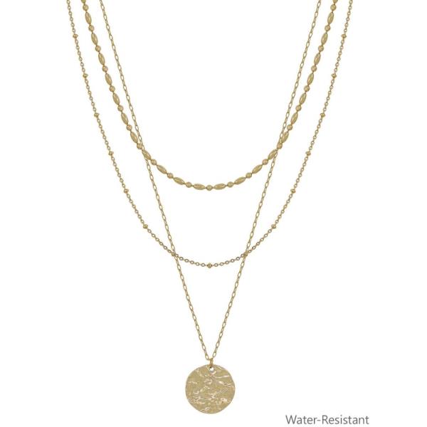 3 LAYERED THIN OVAL TEXTURED CHAIN COIN PENDANT NECKLACE