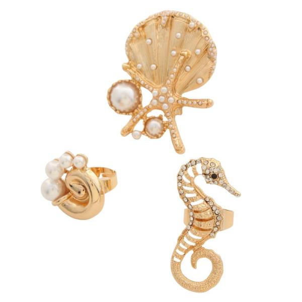 SDJ SEA LIFE PEARL BEAD RHINESTONE METAL ASSORTED RING SET
