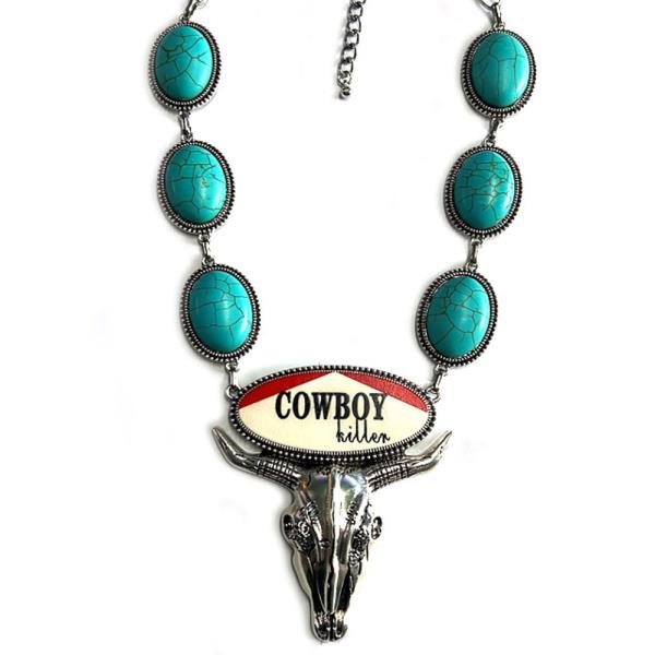 WESTERN TQ OVAL STONE COW SKULL COWBOY PLATE STATEMENT NECKLACE