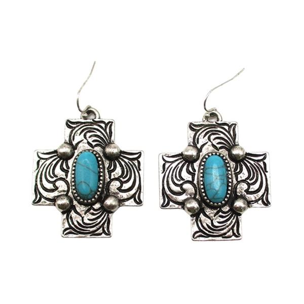 WESTERN STYLE CROSS TQ STONE HOOK EARRING