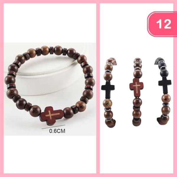 WOODEN BEADED CROSS PENDANT BRACELET (12 UNITS)