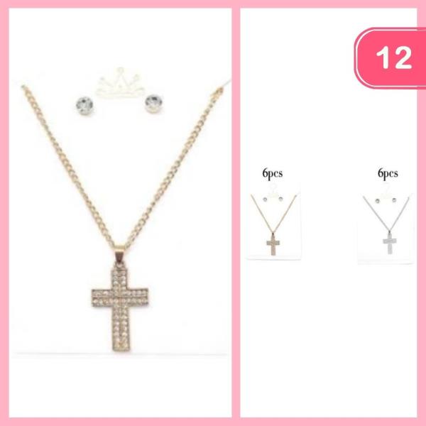 RHINESTONE CROSS PENDANT NECKLACE EARRING SET  (12 UNITS)