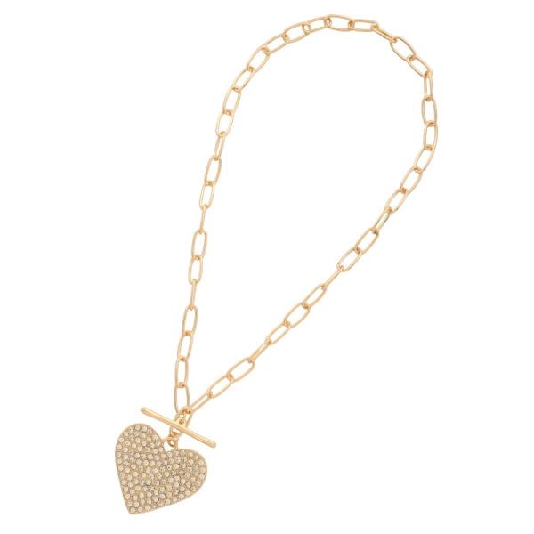 RHINESTONE HEART PENDANT OVAL LINK METAL NECKLACE