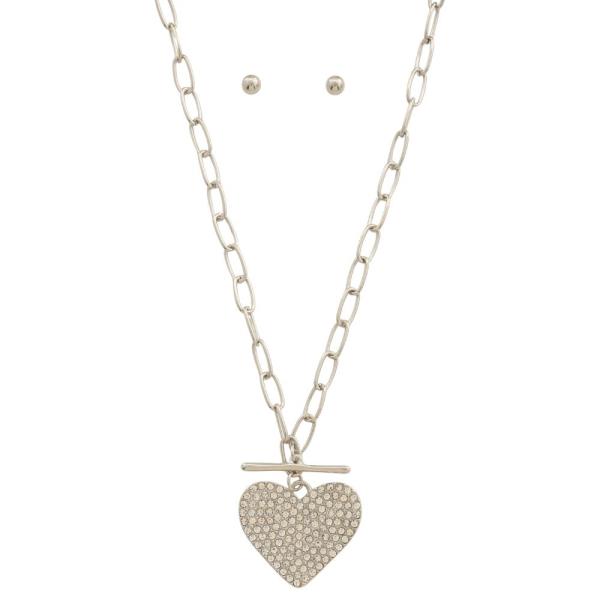 RHINESTONE HEART PENDANT OVAL LINK METAL NECKLACE