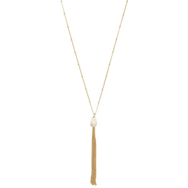 PEARL BEAD CHAIN TASSEL METAL NECKLACE