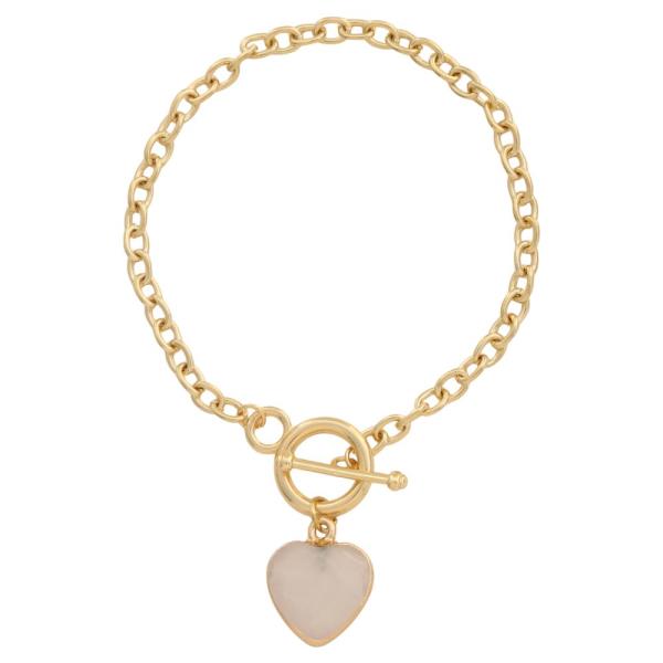 HEART CHARM SEMI PRECIOUS TOGGLE CLASP METAL BRACELET