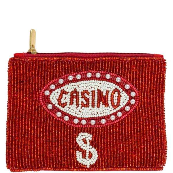 CASINO MONEY THEME BEADED ZIPPER COIN PURSE BAG POUCH